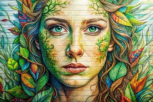 Biophilic Line Art Portrait: Intricate Pattern on Lined Paper