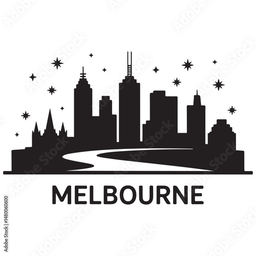 Melbourne skyline horizontal. Black and white silhouette of Melbourne, Australia. Vector template for your design. Vector black silhouette. with white background