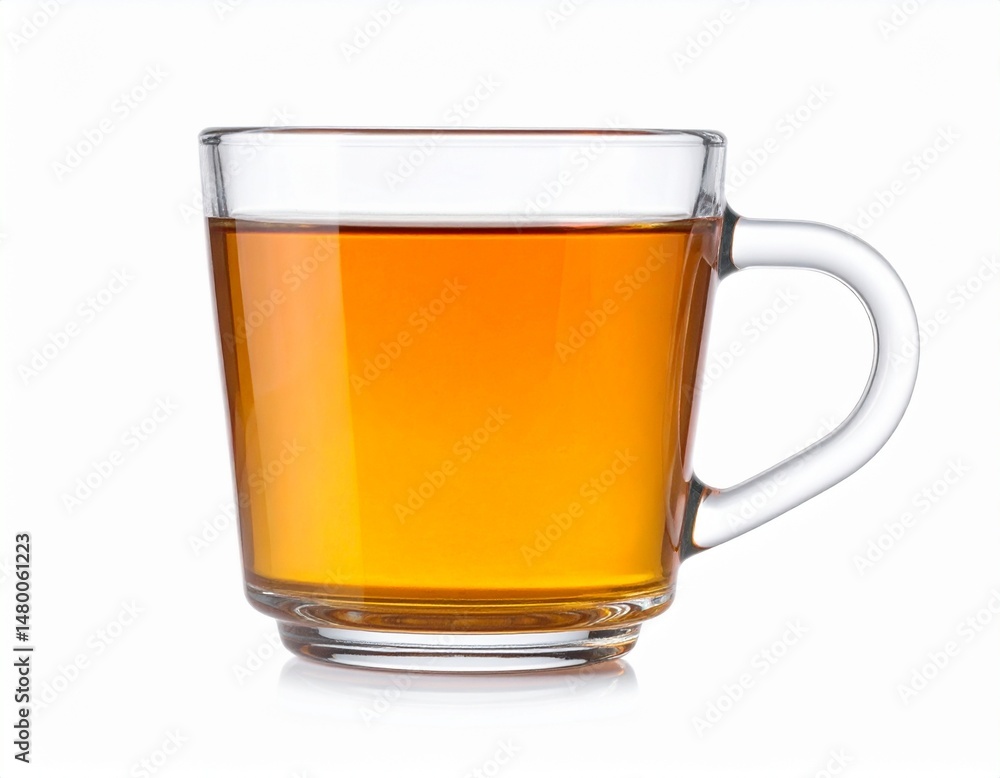 Clear mug filled with amber liquid, sits on white. Handle is on the right Clear mug filled with amber liquid, sits on white. Handle is on the right