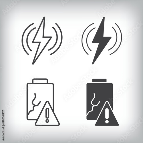 Battery lightning and battery warning artistic design. Simple linear and flat electricity charging icon set.