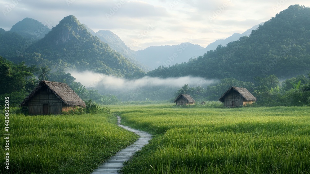 Obraz premium Serene morning walk through lush green rice fields mountain village landscape photography tranquil environment high angle view