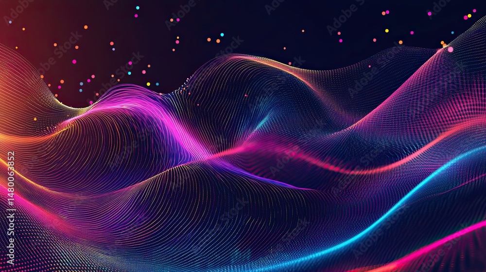Fototapeta premium Abstract generative art showcasing vibrant neon gradients flowing over digital dunes