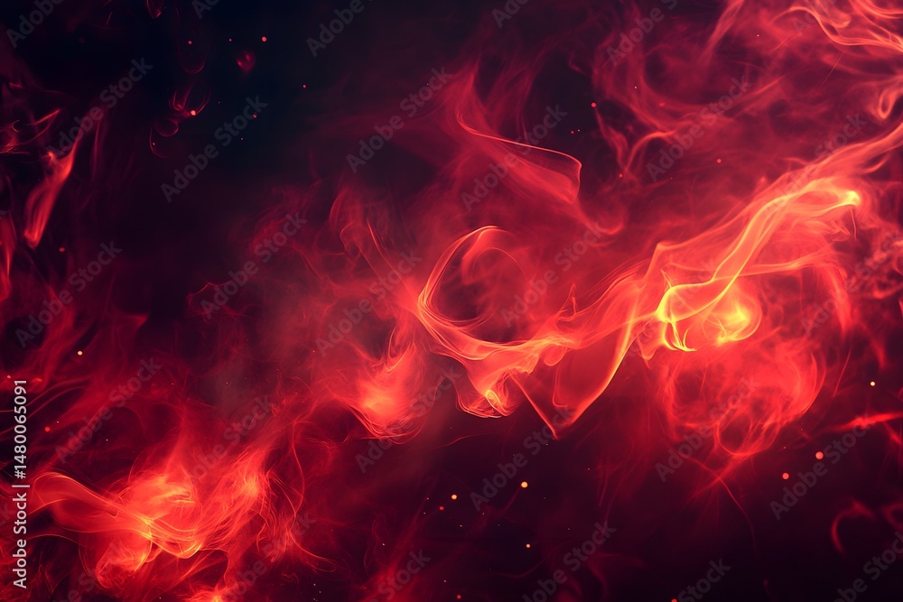 Fototapeta premium Abstract red smoke and fire swirls with glowing lights and dark background