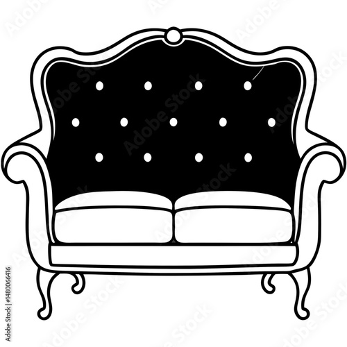 Velvet Tufted Sofa with Gold Accents – Black Silhouette Vector on White