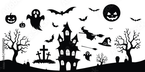 Top set icon halloween logo design shilouete , haunted house