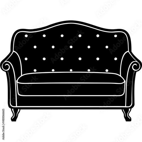 Velvet Tufted Sofa with Gold Accents – Black Silhouette Vector on White