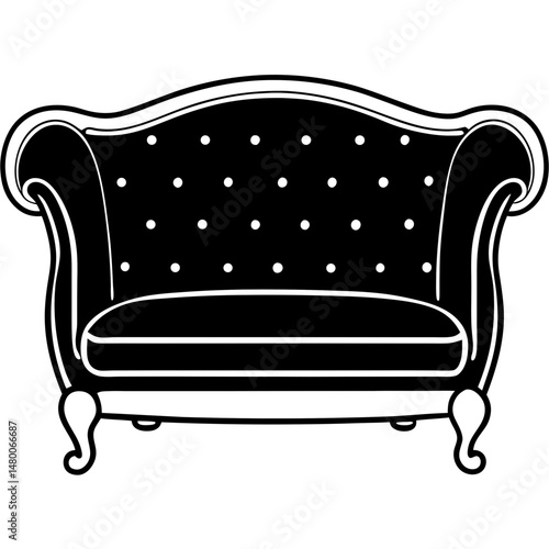 Velvet Tufted Sofa with Gold Accents – Black Silhouette Vector on White
