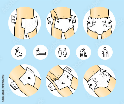 Icons set for instruction of using diaper pants for adults.  Vector elements for infographics. Set of sign for detailed guideline. Ready for your design. EPS10.