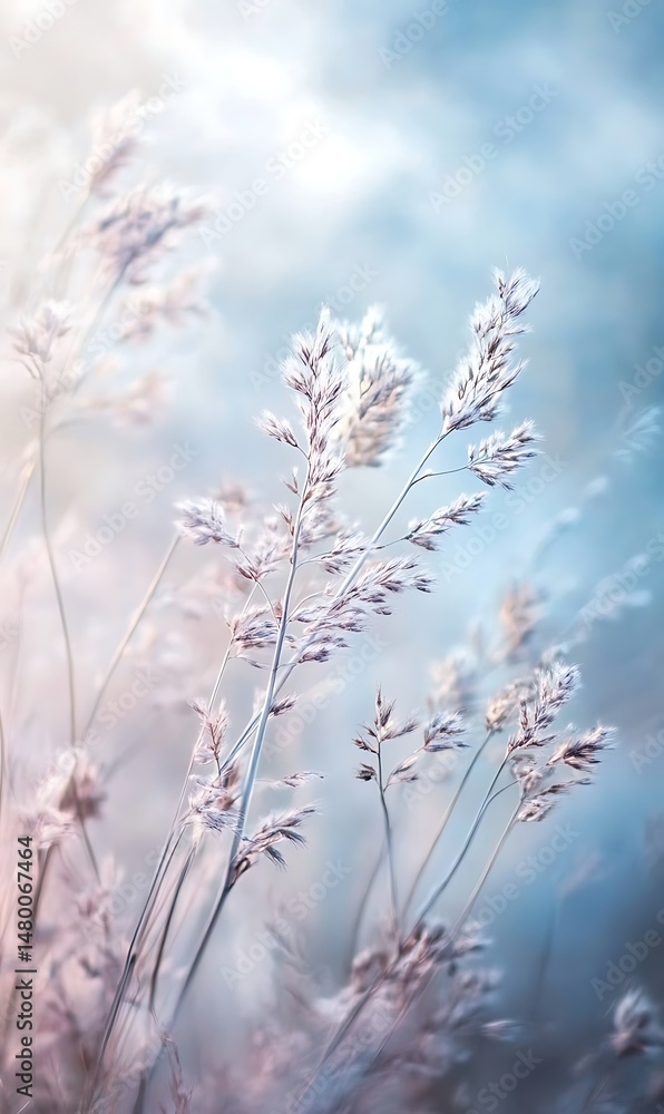 Delicate reed stems with fluffy seed heads sway gently against a serene pastel sky Delicate reed stems with fluffy seed heads sway gently against a serene pastel sky