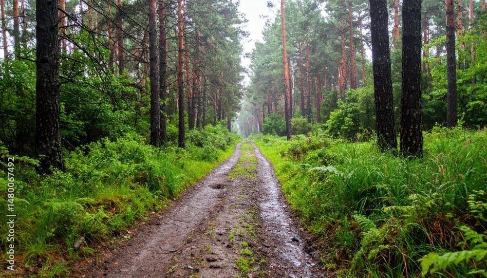 Fototapeta premium Serene Path Through Lush Green Forest During Rainy Day