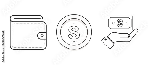Icon of wallet, coin, & hand with money, representing finance and wealth.