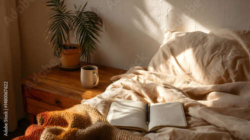 Cozy Bedroom Morning Still Life with Bed, Open Journal, Coffee Mug, and Houseplant in Warm Light
