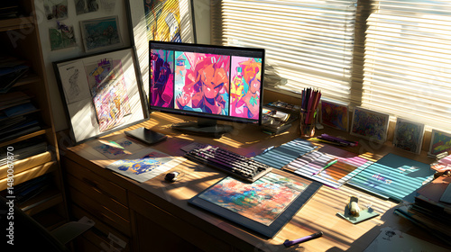 Creative Desk With Computer Showing Artwork in Sunlight Filled Room