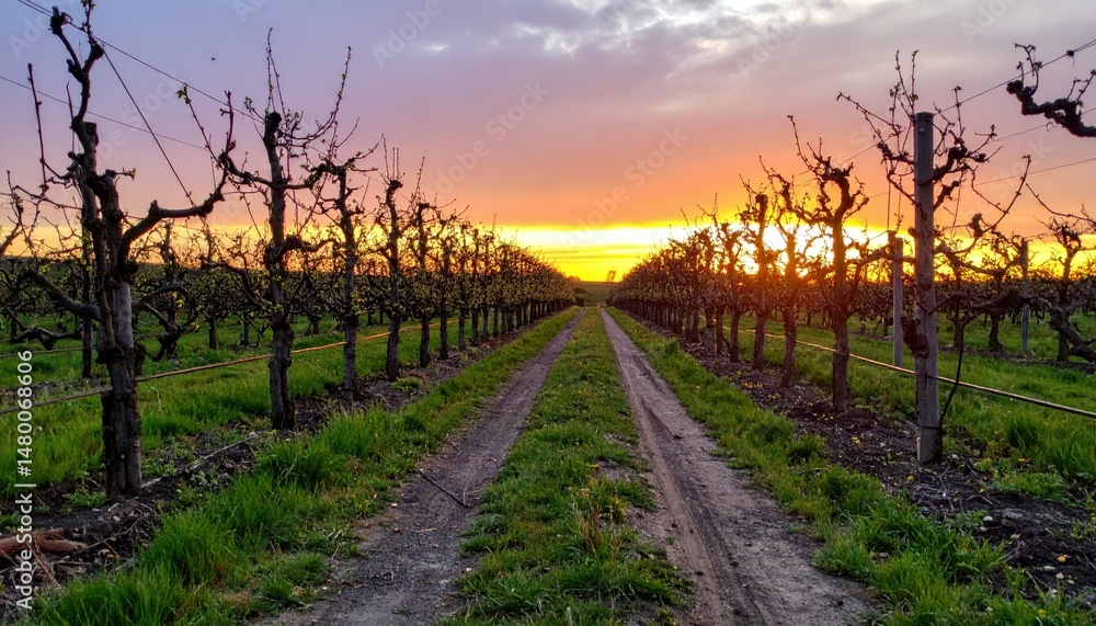 Fototapeta premium Breathtaking Sunset Over Vineyard Rows in Blooming Landscape
