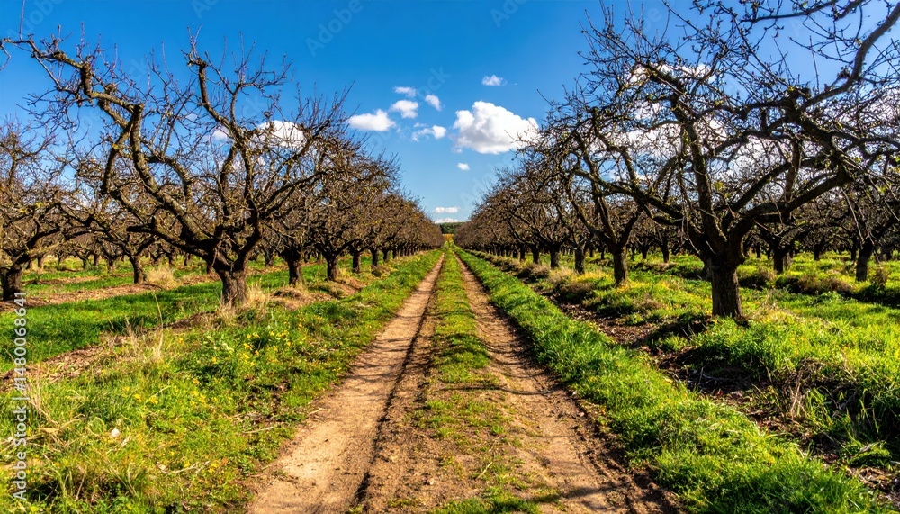 Naklejka premium Serene Pathway Through Leafless Fruit Orchard Under Blue Sky
