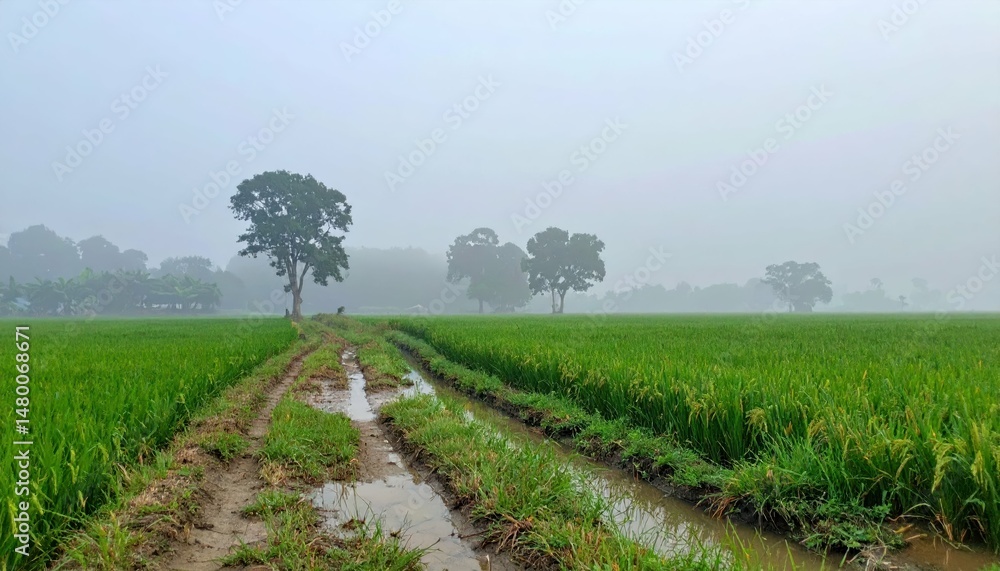 Obraz premium Misty Morning in Rice Field with Path and Lush Green Landscape