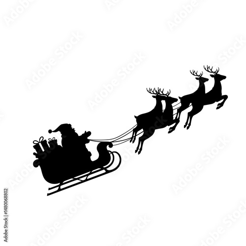 Santa Claus in a sleigh with reindeer pulling is depicted in a vector image. Santa's shadow in his sleigh