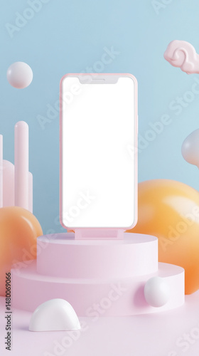 Smartphone mock up with blank screen displayed on a pastel pedestal surrounded by colorful geometric shapes and soft textures, ideal for modern design projects and creative presentations