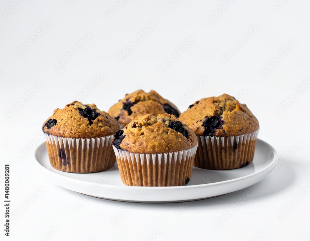Four blueberry muffins in paper cups sit on a white plate against a white background Four blueberry muffins in paper cups sit on a white plate against a white background