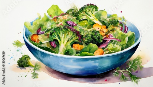 watercolor of fresh vegetable salad with broccoli and mixed greens in blue bowl concept of healthy eating artistic food presentation vegetarian lifestyle