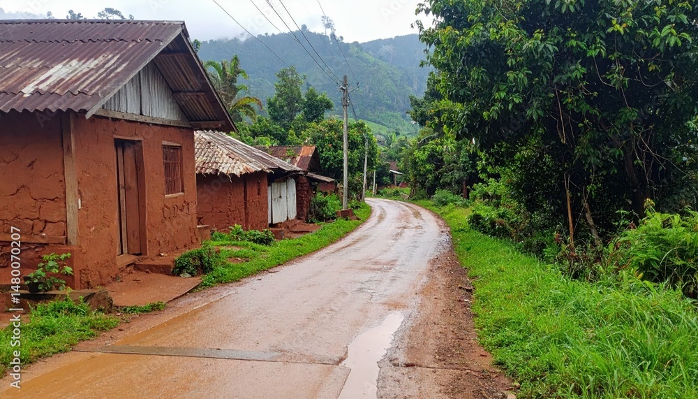 Serene Rural Pathway through Lush Green Village Landscape Serene Rural Pathway through Lush Green Village Landscape
