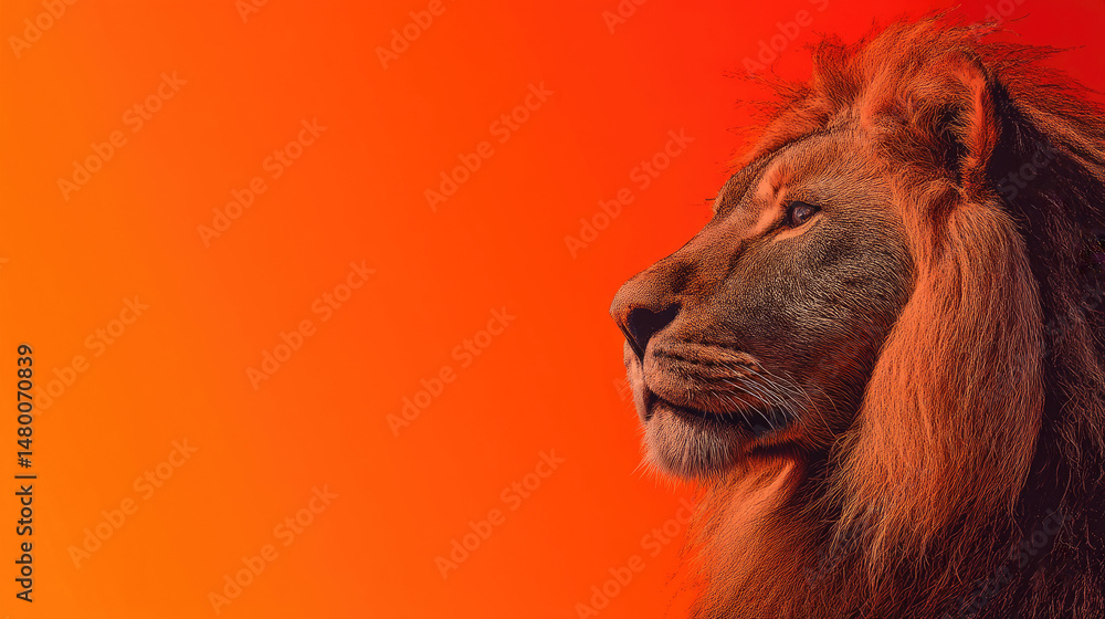 Naklejka premium Majestic lion's profile against a vibrant orange gradient, exuding strength and grace