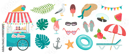 Summer vacation beach accessories clipart set. Tropical holiday icons. Flat design elements collection. Ice cream cart, beach lounger, sunshade, inflatable ring, palm leaves, sunglasses, flip-flops.