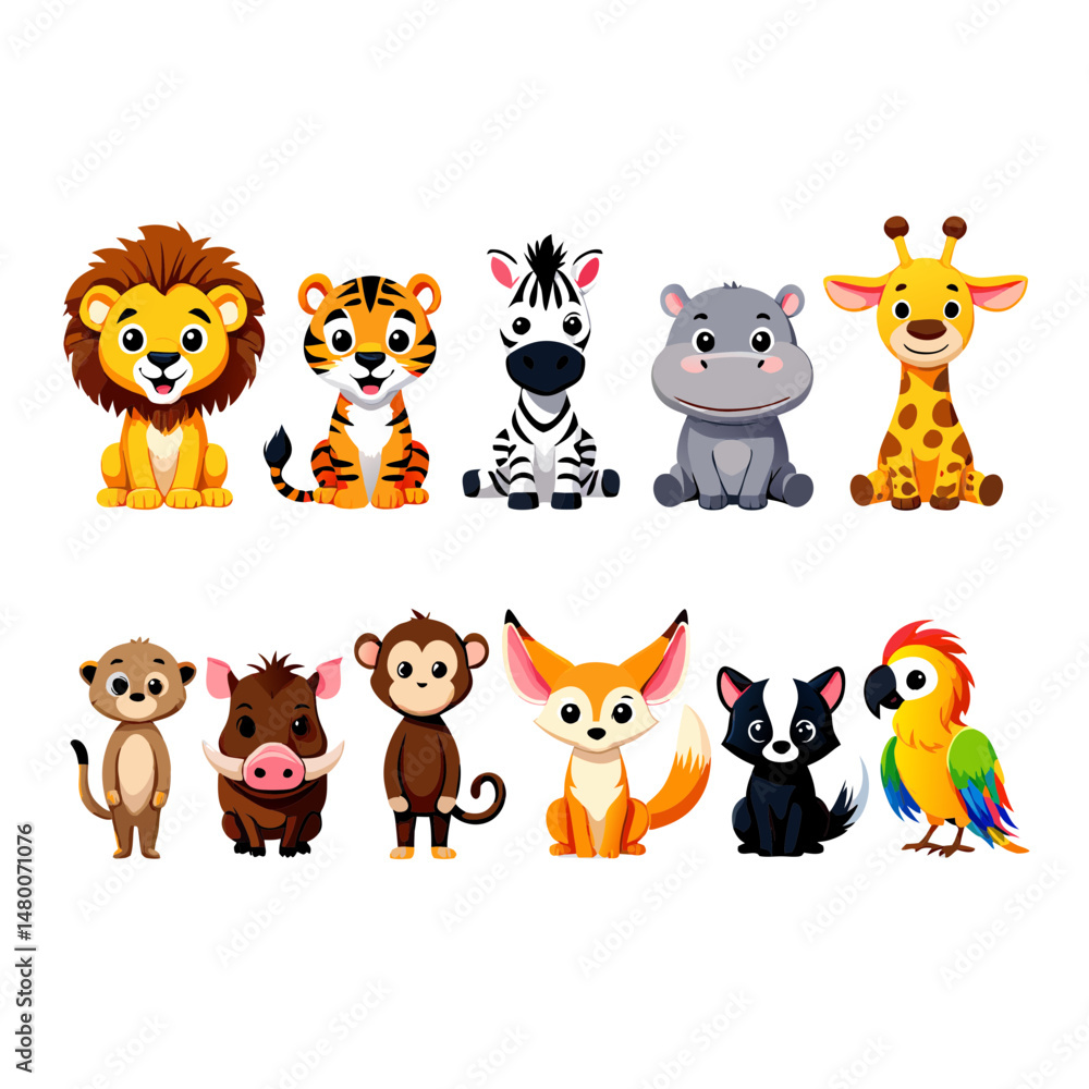 Funny cartoon animal collection set vector icons featuring wild and zoo characters like cat dog fox bear panda Funny cartoon animal collection set vector icons featuring wild and zoo characters like cat dog fox bear panda