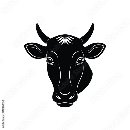 Vector black and white illustration of cow head logo style isolated on a white background.a black and white cow silhouette with distinctive face pattern.