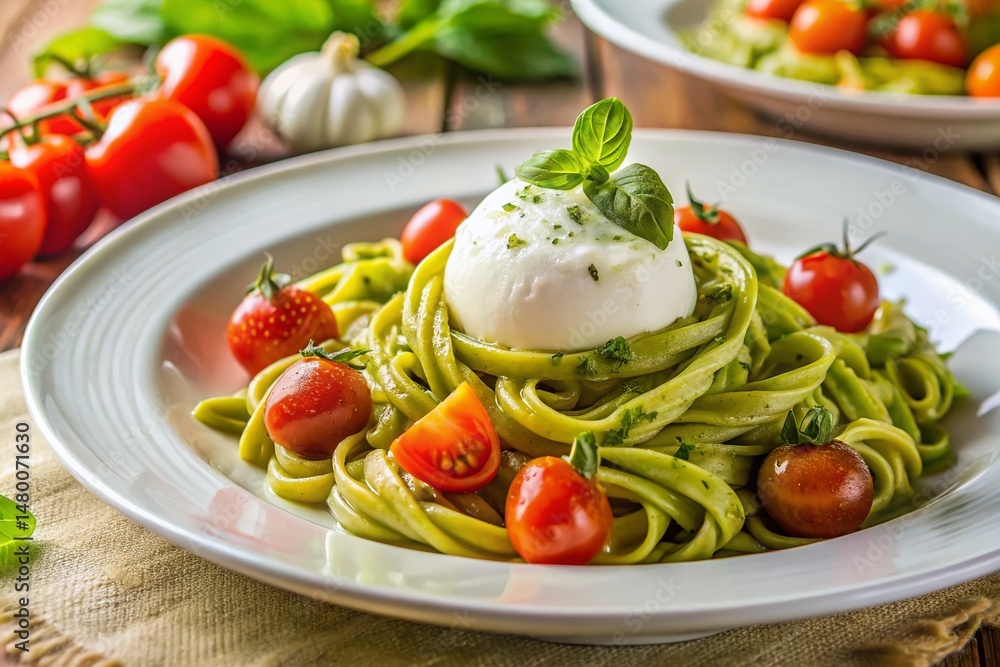 Close-up of Trofia Pasta with Pesto, Burrata & Cherry Tomatoes - Ligurian Cuisine Close-up of Trofia Pasta with Pesto, Burrata & Cherry Tomatoes - Ligurian Cuisine