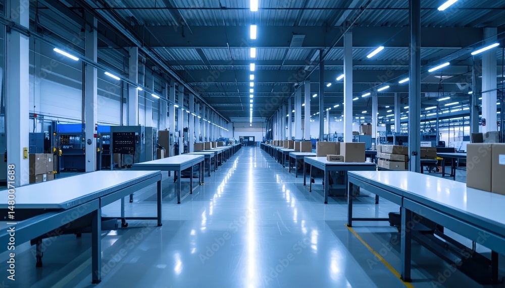 Fototapeta premium Spacious Industrial Warehouse with Rows of Tables and Boxes