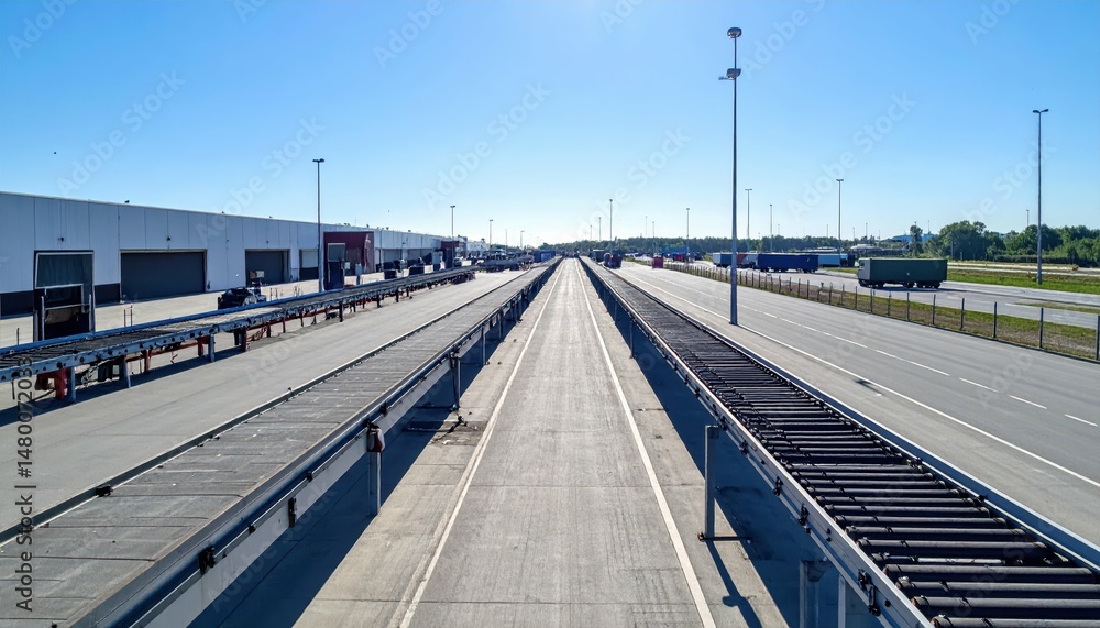 Fototapeta premium Modern Logistics Hub with Loading Docks under Clear Blue Sky
