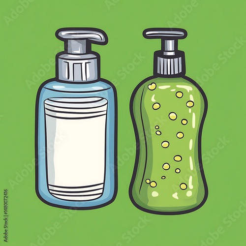 Cartoon Hygiene Bottles, Liquid Soap and Sanitizer Dispenser, Isolated on Green