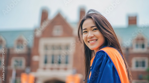 Happy Asian woman in blue and orange graduation gown posing for photo in front of university building, celebrating academic achievement and graduation joy.