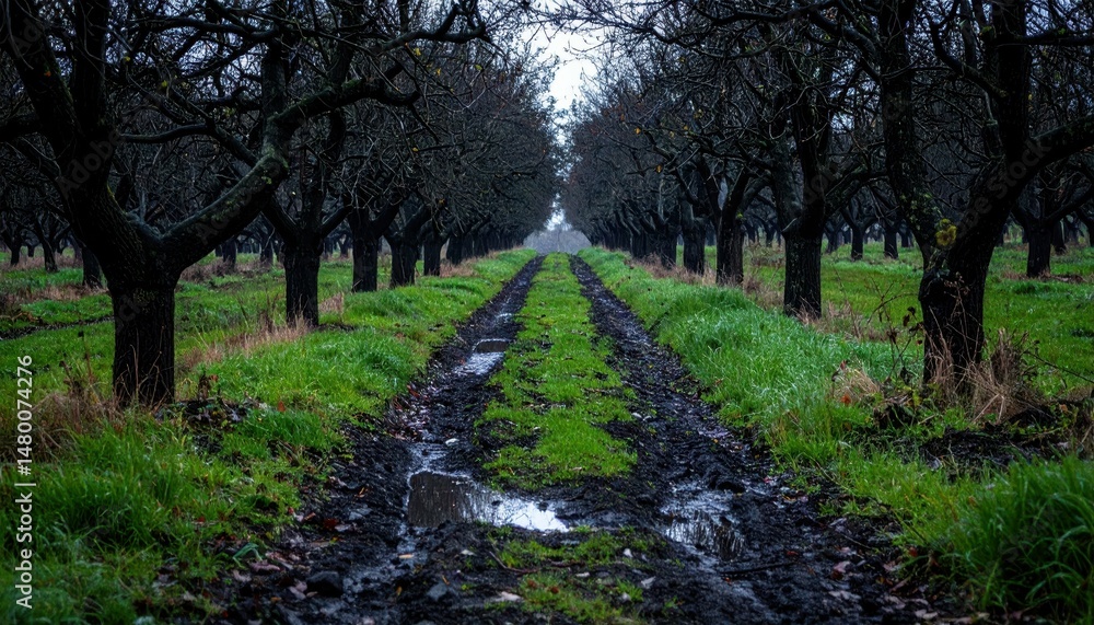 Obraz premium Muddy Path Through a Sparse Orchard Under Gray Cloudy Sky