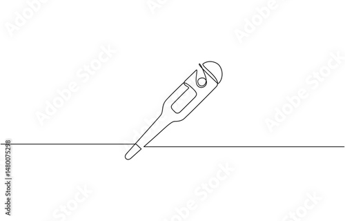 One continuous line drawing of medical thermometer, Continuous one line drawing of thermometer for measuring air temperature on white background, one continuous line drawing of a thermometer.