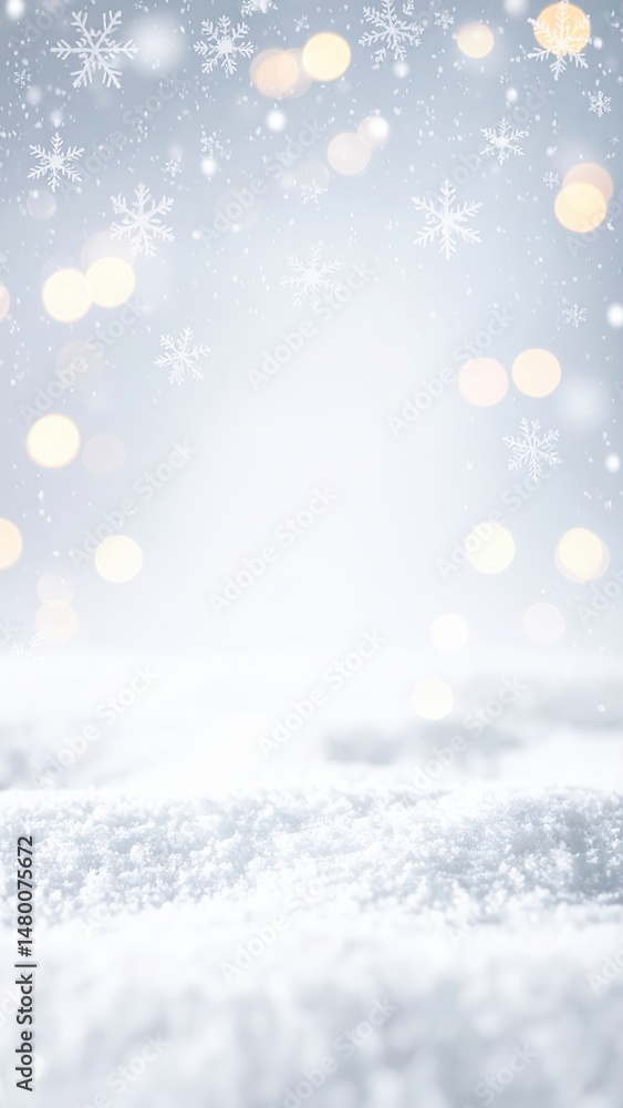 Fototapeta premium A serene winter landscape featuring a soft, white snow-covered ground, adorned with twinkling bokeh lights, creating a magical atmosphere with ample copy space.