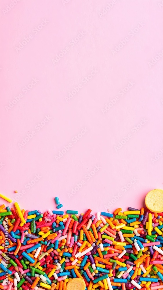 Fototapeta premium A vibrant assortment of speckled and colorful candies scattered across a soft pink background, creating a playful and inviting atmosphere.