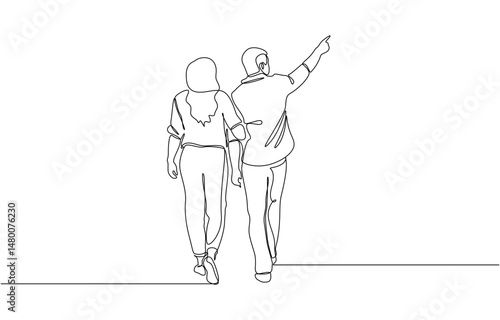 Happy couple in continuous line art drawing style, Continuous one line drawing young couple holding hands and walking together. Romance all the way. Healthy activities with loved ones.