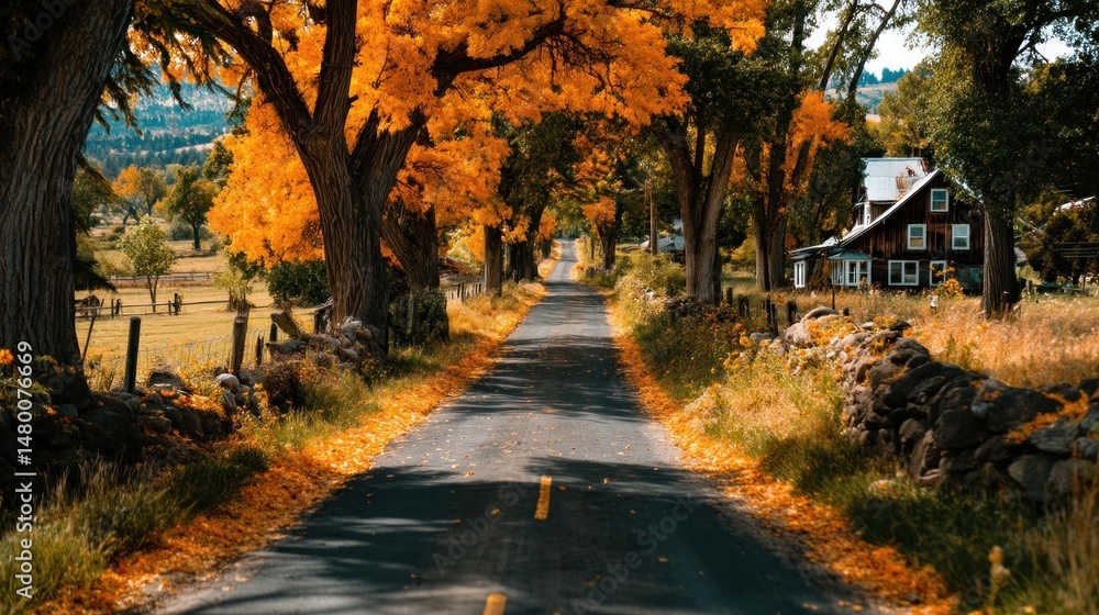 Naklejka premium Autumn road through colorful trees