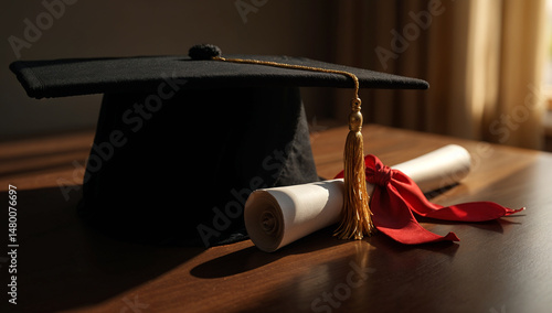 Detailed Close-Up of Graduation Cap and Gown on Table, Education Achievement
