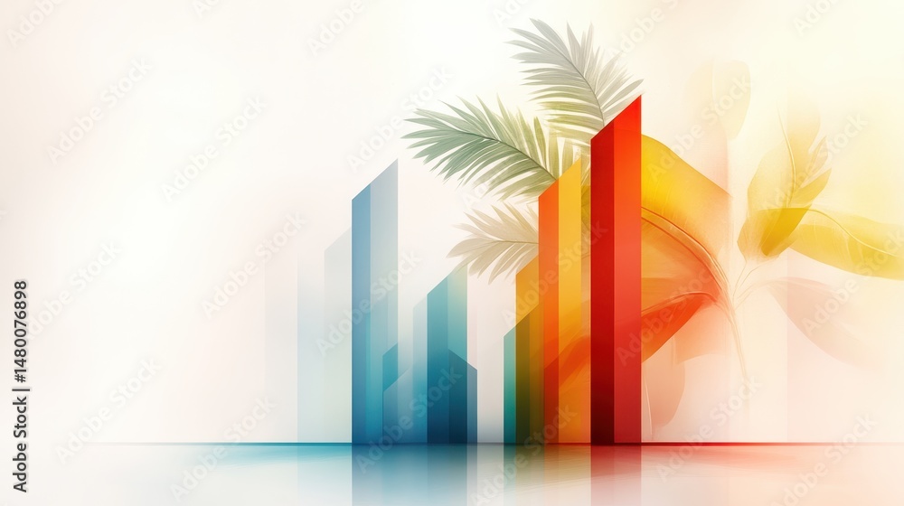 Fototapeta premium A vibrant abstract design featuring colorful vertical bars and tropical leaves, symbolizing growth and progress in a modern style.
