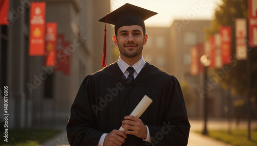 Graduation Outfit with Cap, Gown, and Diploma, Ready for the Ceremony