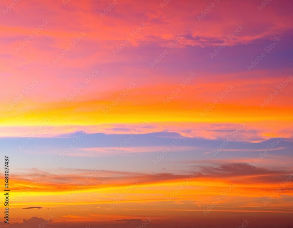 Fototapeta premium The sky is a vibrant orange, illuminated by the setting sun, casting warm hues across fluffy clouds, creating a stunning twilight scene.