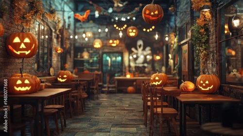 Cozy Halloween Decor with Jack-o'-lanterns and Spooky Atmosphere in Festive Restaurant Setting