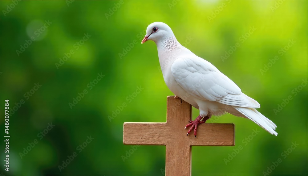 Fototapeta premium A white dove rests on a simple wooden cross against a blurred background of natural greenery , sacred, bird