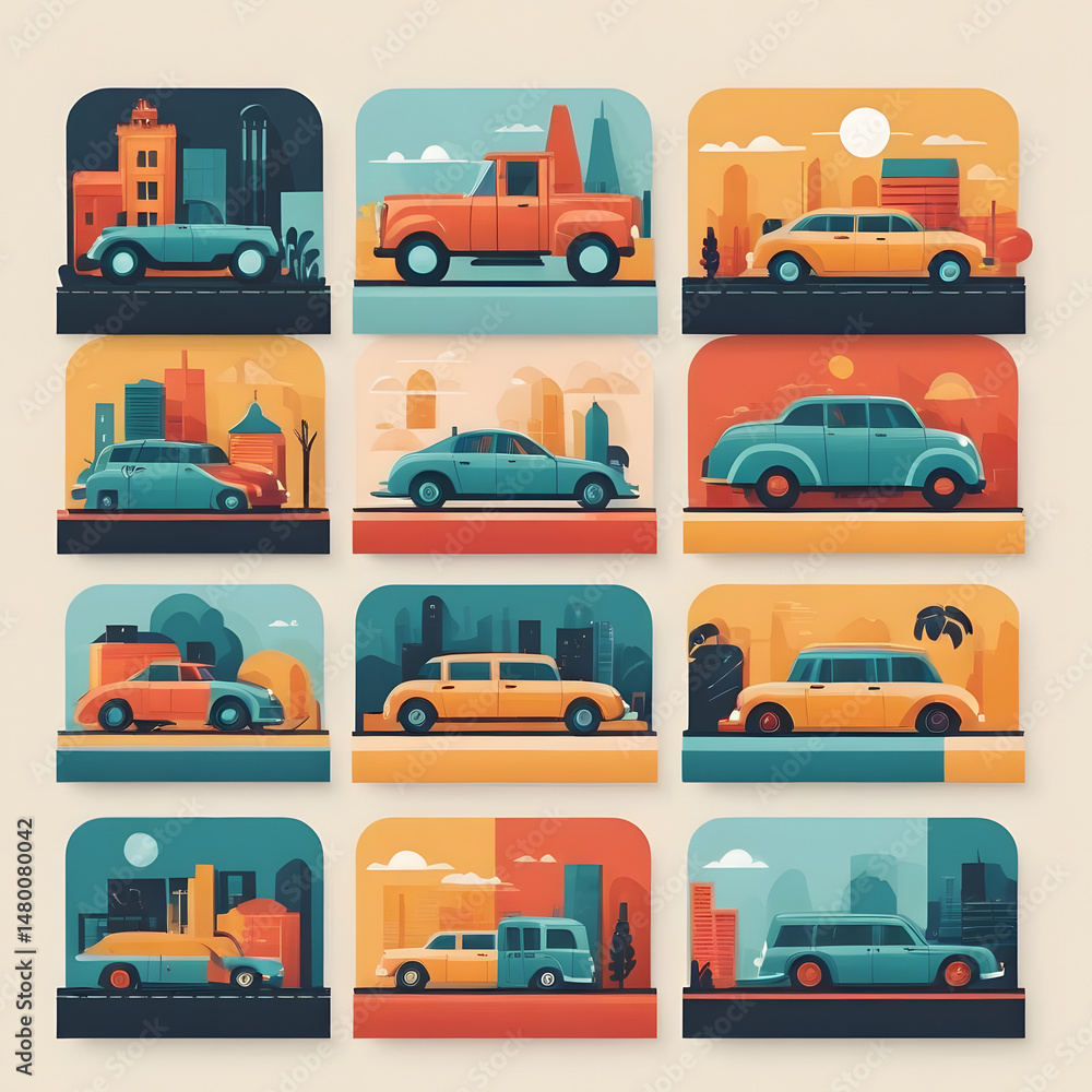 Naklejka premium Collection of Vintage and Modern Cars in Cityscapes Retro Automotive Illustrations