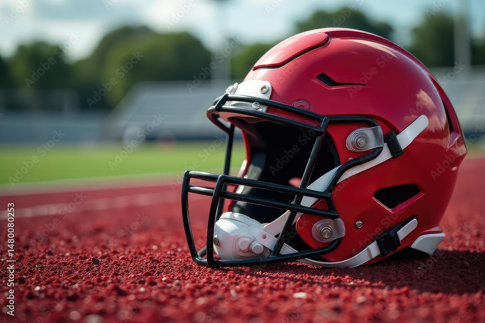 Close-up of football helmet near track cleats, fitness, stadium Close-up of football helmet near track cleats, fitness, stadium