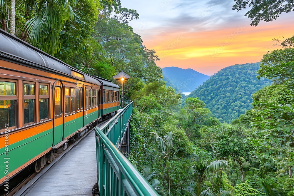 Naklejka premium Scenic train journey through lush rainforest at sunset