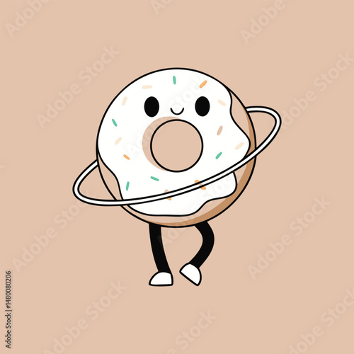 Cute cartoon donut character illustration with sprinkles and rings on beige background